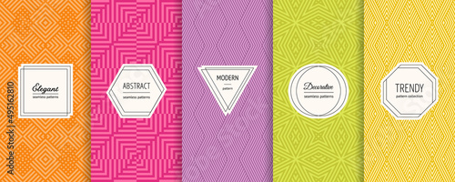 Vector geometric seamless patterns collection. Set of bright colorful background swatches with elegant minimal labels. Cute abstract textures. Trendy design. Orange, pink, purple, green, yellow color