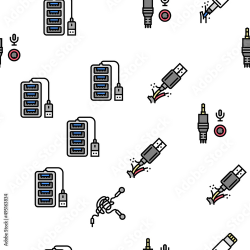 Usb Cable And Port Purchases Vector Seamless Pattern Thin Line Illustration