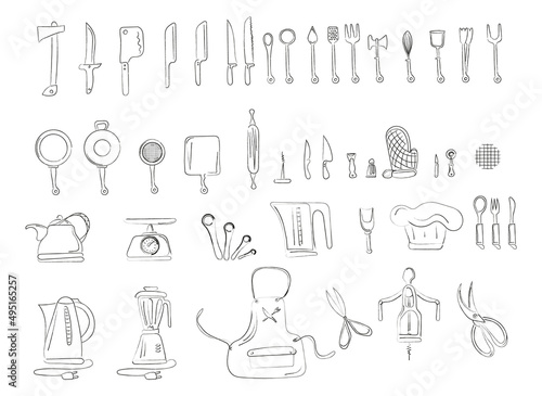 Large set of kitchen tools. Kitchen appliances hand drawn. Illustrations on a white background in doodle style.