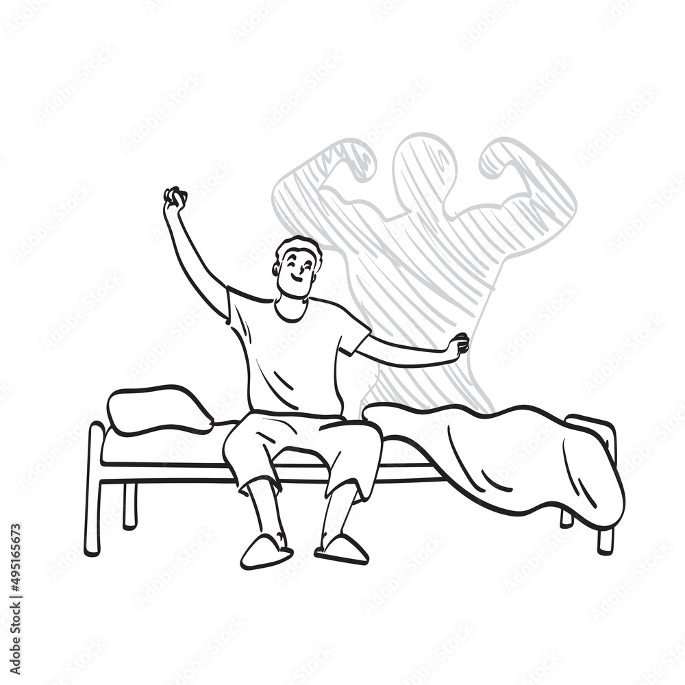 line art man waking up from sleep and stretching seated on his bed with shadow of muscle man behind illustration vector hand drawn isolated on white background line art man waking up from sleep and stretching seated on his bed with shadow of muscle man behind illustration vector hand drawn isolated on white background