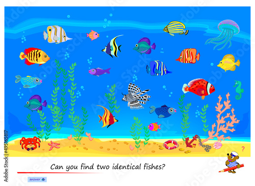 Logic puzzle game for children and adults. Can you find two identical fishes? Page for kids brain teaser book. Task for attentiveness. IQ test. Play online. Underwater life. Vector cartoon image.