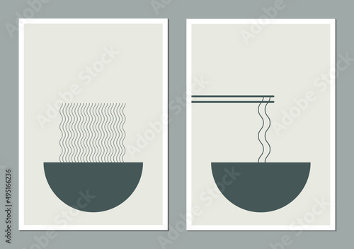 Trendy vector set of abstract creative minimalist artistic  composition. Bowl and noodle. Ideal for wall decoration, as postcard or brochure design, vector illustration.
