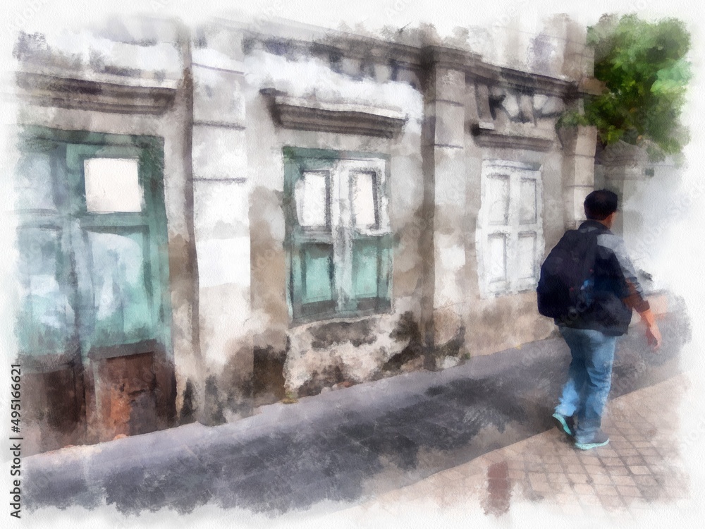 Landscape of old abandoned buildings in Bangkok watercolor style illustration impressionist painting.