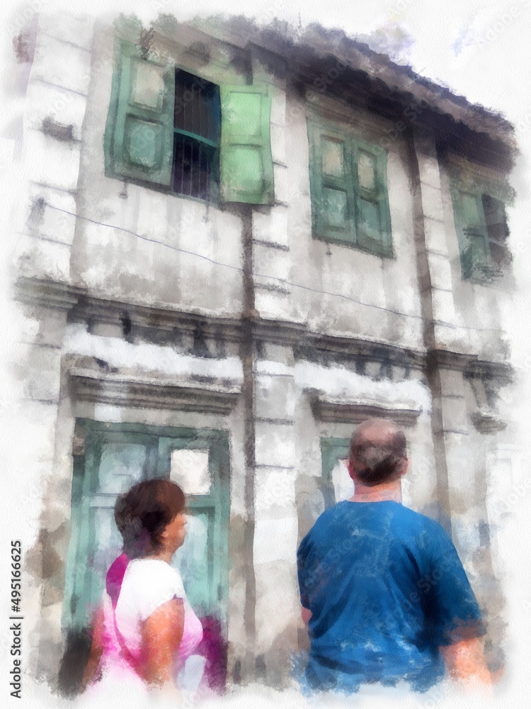 Landscape of old abandoned buildings in Bangkok watercolor style illustration impressionist painting. Landscape of old abandoned buildings in Bangkok watercolor style illustration impressionist painting.