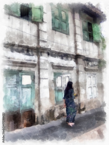 Landscape of old abandoned buildings in Bangkok watercolor style illustration impressionist painting. © Kittipong