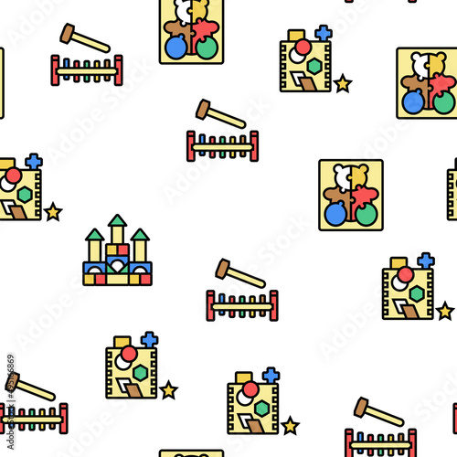 Wooden Toy For Children Play Time Vector Seamless Pattern Thin Line Illustration