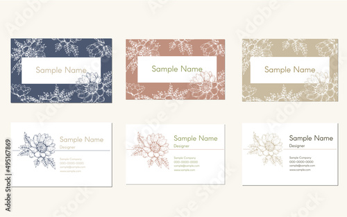 set of business card design templates with hand drawn spring flowers  for name card  shop card 