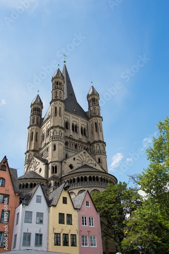 Great St. Martin Church and colorful houses in Cologne, Germany,2017