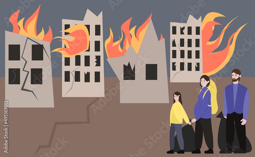The family is forced to flee from a destroyed and bombed city in Ukraine. Refugees from the war. People with their belongings are standing against the background of burning houses. Flat vector