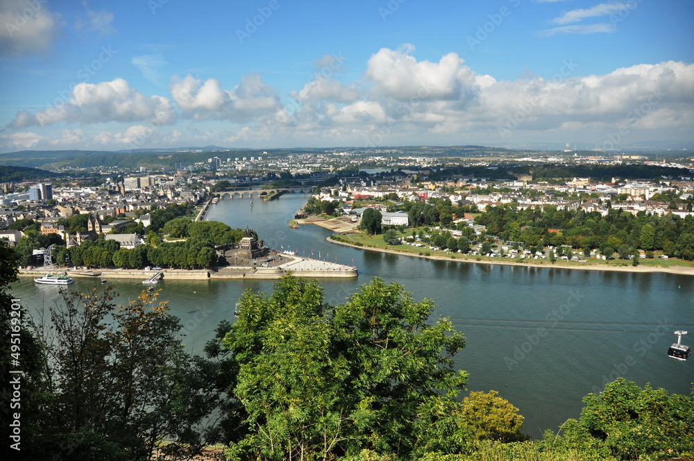 Fototapeta premium View from Fortress Ehrenbreitstein in Koblenz- Germany -Deutsches Ecke (German Corner) 2015