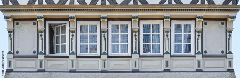 Fototapeta premium Detail of a well-preserved half-timbered house in Lower Saxony, Northern Germany, 
