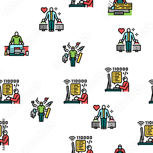 Small Business Worker Occupation Vector Seamless Pattern Thin Line Illustration