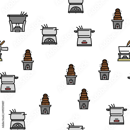 Fondue Cooking Delicious Meal Vector Seamless Pattern Thin Line Illustration