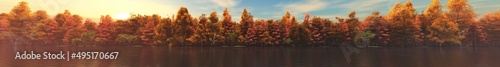 Beautiful forest over water under blue sky. panorama of autumn forest over the river, 3d rendering