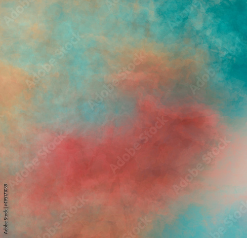 Turquoise blue and red colors sunrise or sunset cloudy sky watercolor painting background texture with dramatic stormy fluffy clouds pattern in abstract artistic textured square backdrop illustration