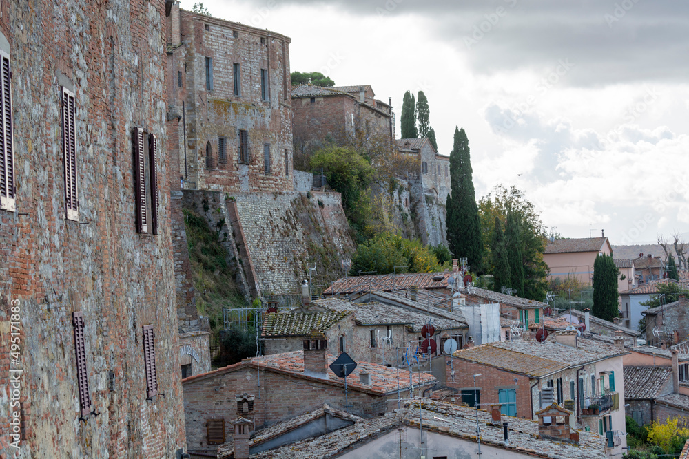 View on houses and walls of old town Montepulciano, Tuscany, Italy