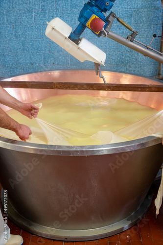 Process of making wheels of parmigiano-reggiano parmesan cheese on small cheese farm in Parma, Italy, copper-lined vats with curd