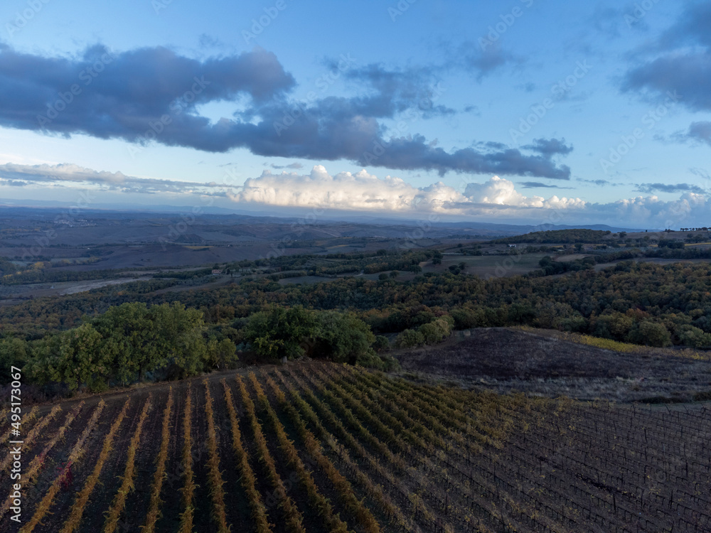 View on hills near Bagno Vignoni, Tuscany, Italy. Tuscan landscape with cypress trees, vineyards, forests and ploughed fields in autumn. View on hills near Bagno Vignoni, Tuscany, Italy. Tuscan landscape with cypress trees, vineyards, forests and ploughed fields in autumn.