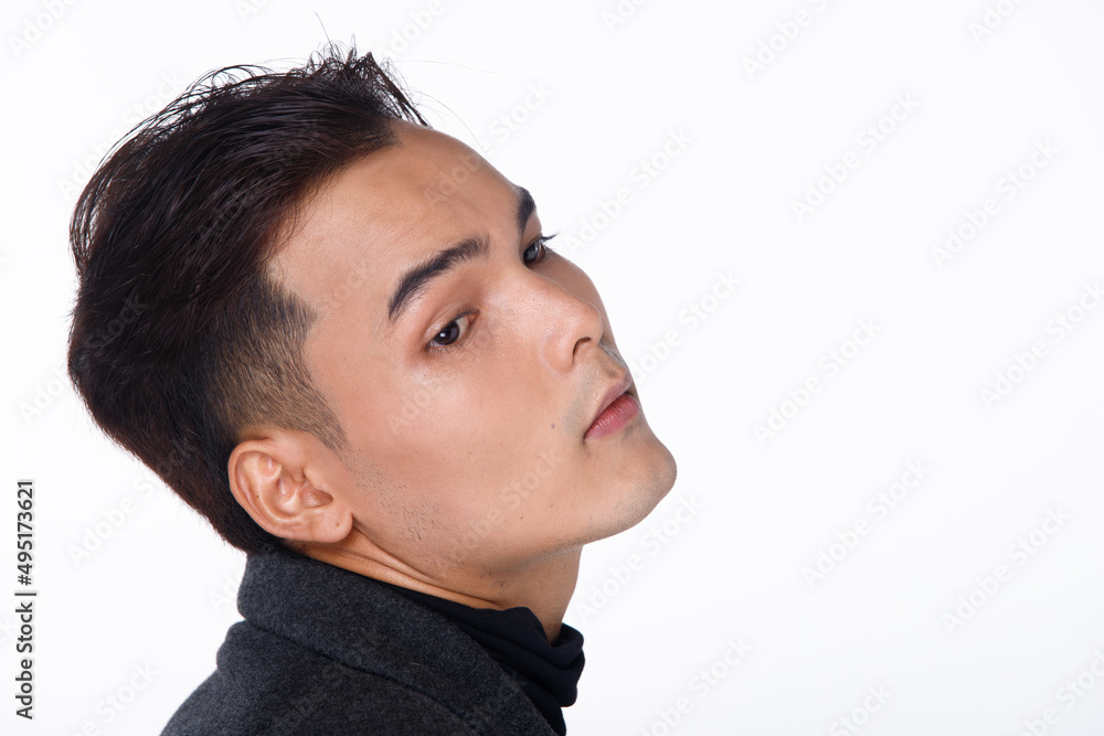 Half body Figure face of 20s Asian University student man black hair white black shirt. emotional Half body Figure face of 20s Asian University student man black hair white black shirt. emotional