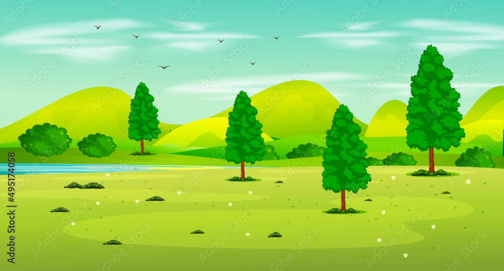 Landscape Background Illustration Of A Park Scene With Green Field