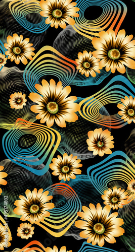 Wallpaper Mural black background with some sunflowers and a few colorful lines Torontodigital.ca