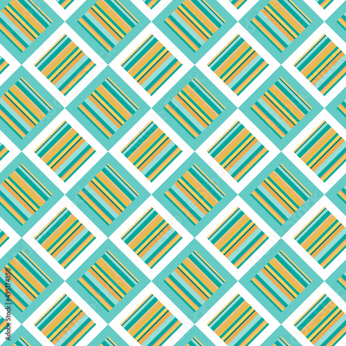 Abstract geometric seamless pattern. Diamond, rhombus, stripes background in teal, turquoise, orange, yellow and white. Retro, vintage patchwork ornament. For textile design