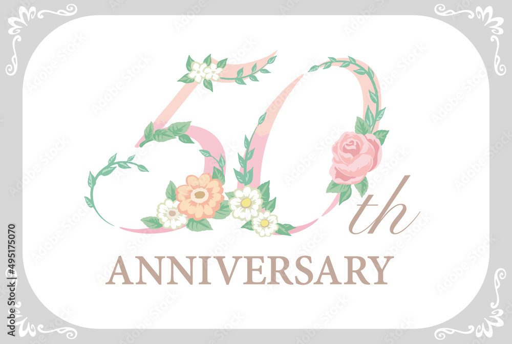 Fototapeta premium 50周年アニバーサリーのデザイン素材。花を使った数字フォント。ベクター。