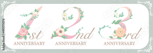 1、2、3周年アニバーサリーのデザイン素材。花を使った数字フォント。ベクター。