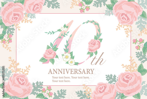 10周年アニバーサリーのデザイン素材。花を使った数字フォントとお花のフレーム。ベクター。