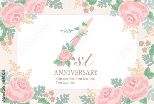 1周年アニバーサリーのデザイン素材。花を使った数字フォントとお花のフレーム。ベクター。
