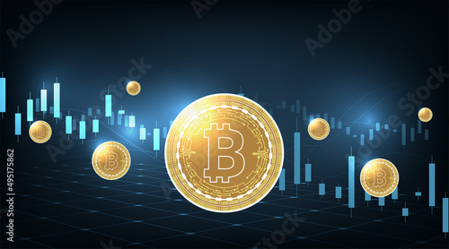 Bitcoin trading market data chart. Financial growth and Investing design concept.Cryptocurrency trading. Bitcoin  Logo and defocused chart background. 