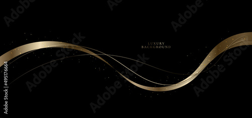 Abstract modern luxury golden wave lines and ribbon gold particles with lighting effect on black background