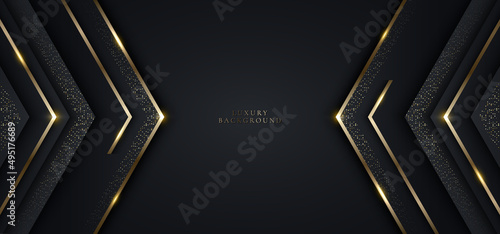 Modern luxury banner template design black triangles and golden glitter 3D gold stripes line light sparking on dark background