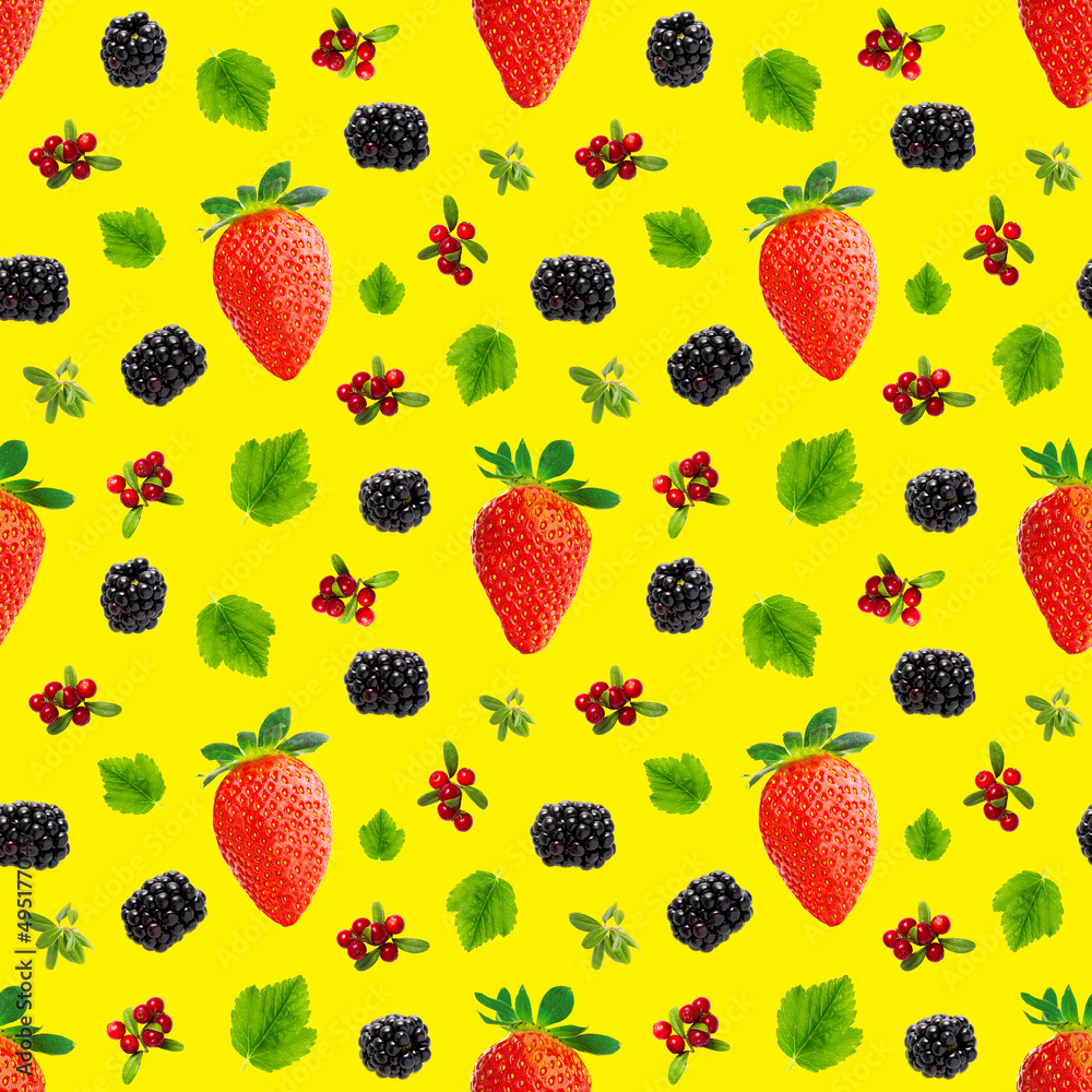 Falling berries seamless pattern isolated on yellow background, different flying forest berries. Strawberry, cranberry, bramble Falling berries seamless pattern isolated on yellow background, different flying forest berries. Strawberry, cranberry, bramble