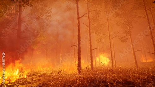 Burning trees in the forest due to wildfire, 3d rendering
