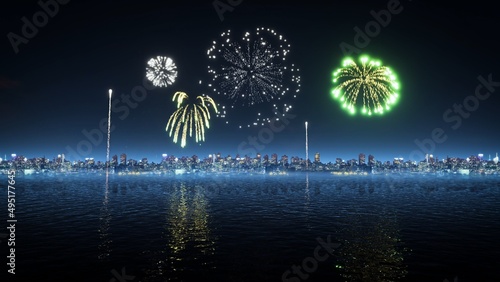 Fireworks in a coastal city 3d rendering photo