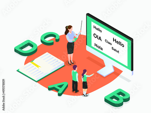 Learning language vector concept. Female teacher teaching language to her students while standing near the monitor