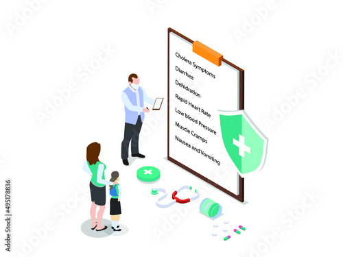 Cholera symptoms vector concept. Male doctor showing Cholera symptoms to his patients on the clipboard while standing in the clinic