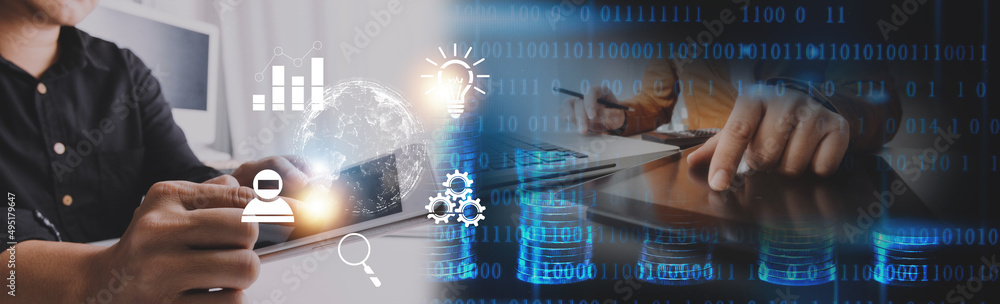 Fototapeta premium Saving money concept preset by Male hand putting money coin stack growing business