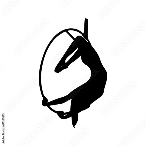 Aerial female gymnast silhouette in hoop. Aerial gymnastics stunt. Vector illustration isolated on white background