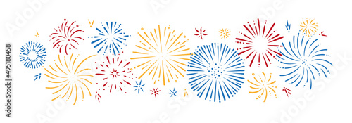 Colorful doodle firework set. Shiny foreworks for parties and celebrations. Vector illustration isolated in white background
