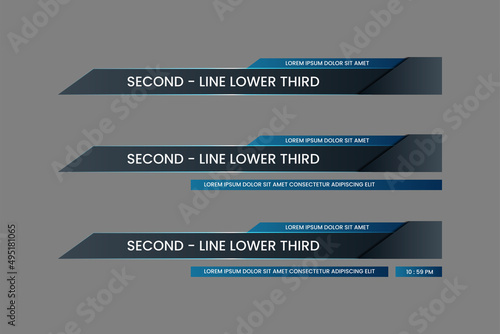 Set of futuristic tech lower third vector design background texture banner template with black and blue shape strip color. Modern flat broadcast news lower for TV Bars, Sport, Streaming photo