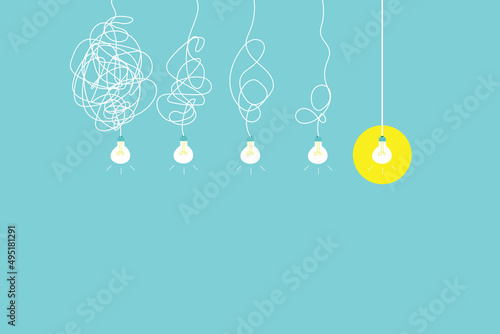 Simplifying the complex, confusion clarity or path vector idea concept with lightbulbs. Simplification streamlining process, straight and curve vector illustration. Business hiring and recruitment. 