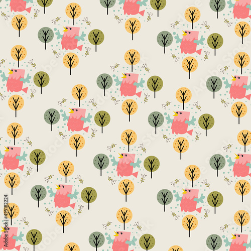 Cute big bird pattern background with small trees around. Perfect for wallpapers, web page backgrounds, surface textures, textiles.