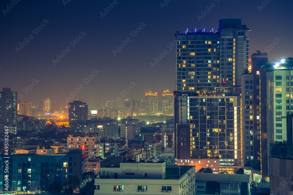 Naklejka premium Night cityscape of modern capital Bangkok city, Thailand. Building, architecture and city concept.