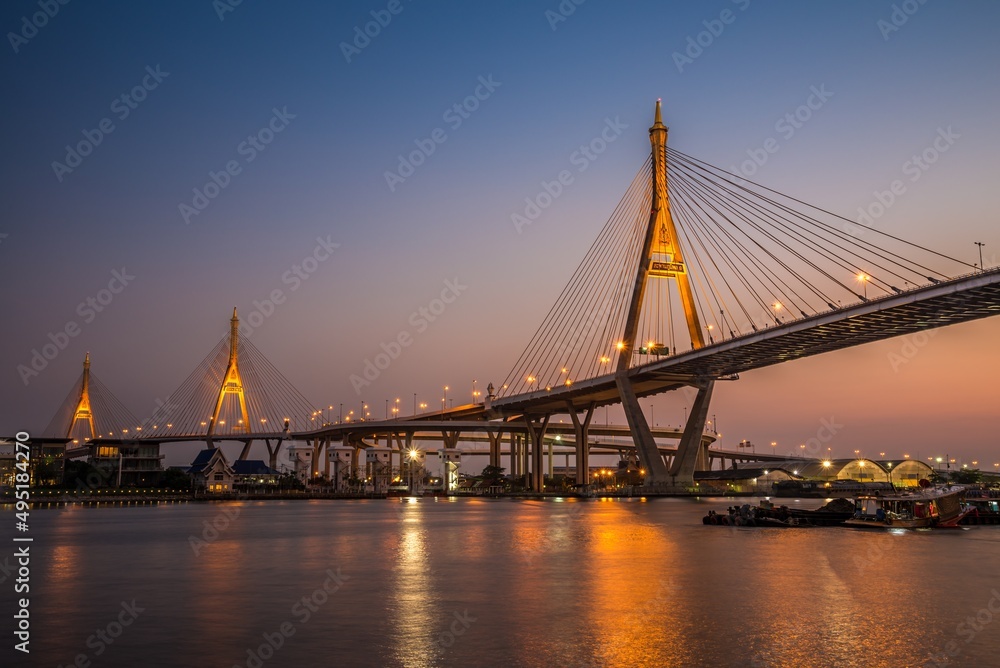 Fototapeta premium Landscape Bhumibol Bridge in twilight evening, Bangkok Thailand. Building and architecture, construction industry concept.