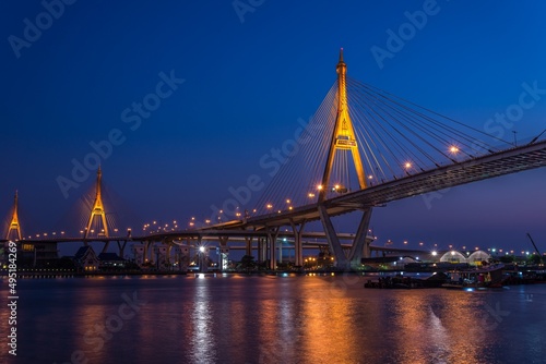 Landscape Bhumibol Bridge in twilight evening  Bangkok Thailand. Building and architecture  construction industry concept.