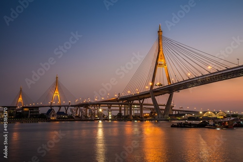 Landscape Bhumibol Bridge in twilight evening  Bangkok Thailand. Building and architecture  construction industry concept.