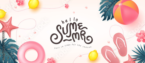 Colorful Summer beach vibes background layout banner design and summer calligraphy