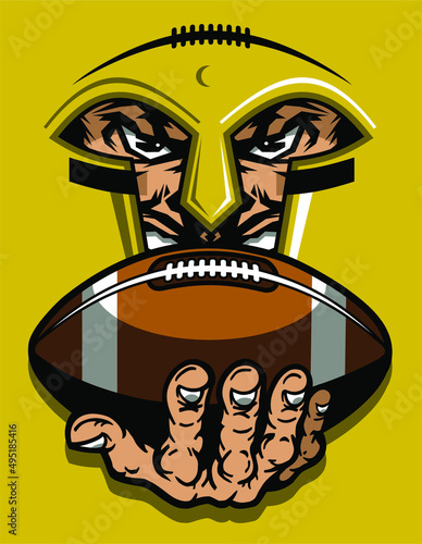 greek spartan mascot holding football in hand for school, college or league